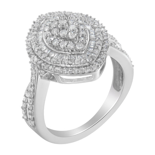 Bids.com .925 Sterling Silver 1.0 Cttw Round & Baguette-Cut Diamond Marquise-Shaped Cluster Triple Stepped Halo Cocktail Fashion Ring (I-J Color, I2-I3 Clarity) - Size 7 Rings