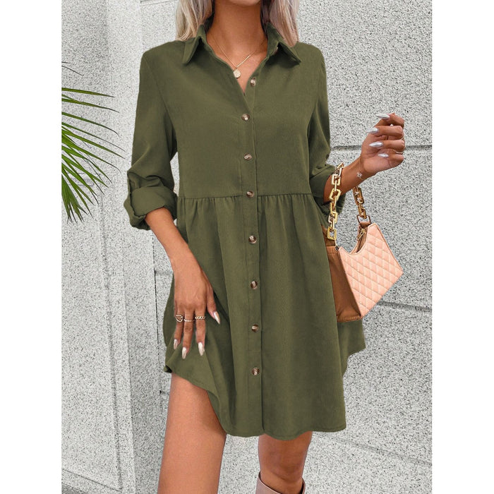 Button Up Collared Neck Long Sleeve Dress