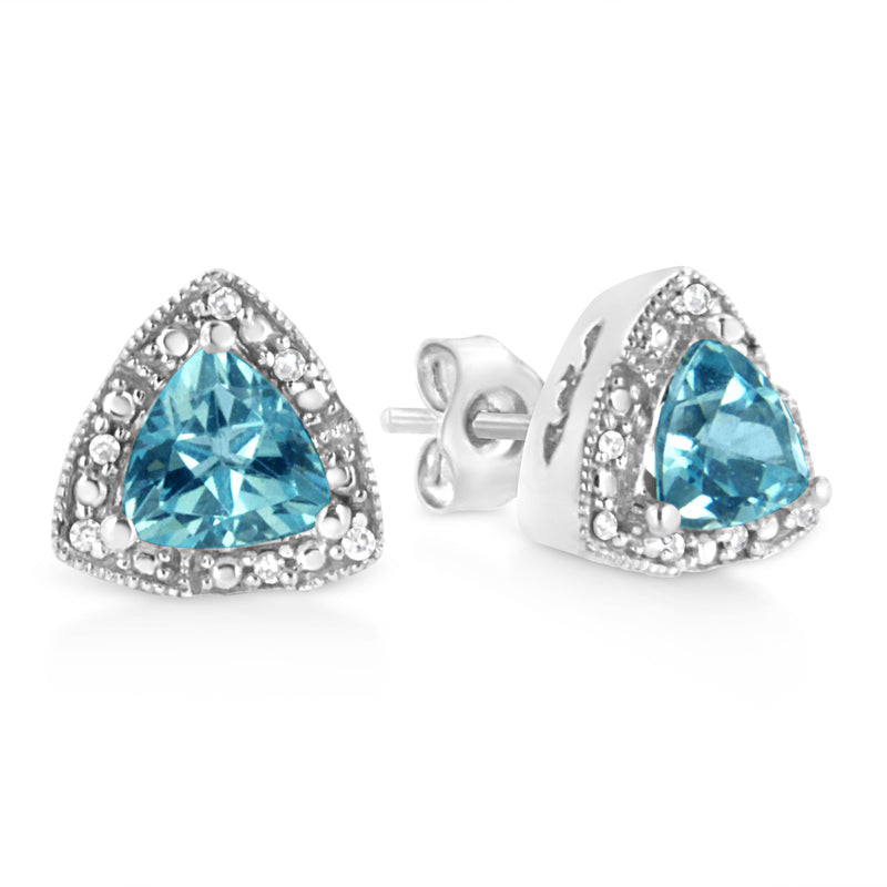 Bids.com .925 Sterling Silver 6x6 mm Trillion Cut Blue Topaz Gemstone and Diamond Accent Stud Earring (I-J Color, I1-I2 Clarity) Earrings