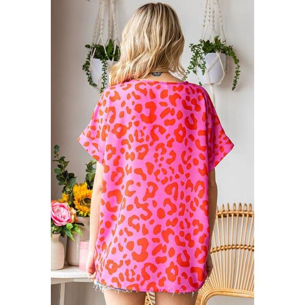 First Love Leopard V-Neck Short Sleeve Woven Top