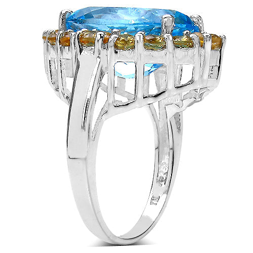 Bids.com 12.73 Carat Genuine Blue Topaz & Citrine .925 Sterling Silver Ring Rings