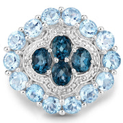 Bids.com 6.54 Carat Genuine London Blue Topaz, Blue Topaz and White Topaz .925 Sterling Silver Ring Rings