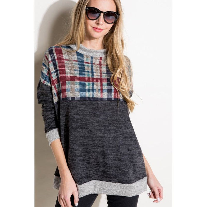 Plus Solid Plaid Mock Neck Top