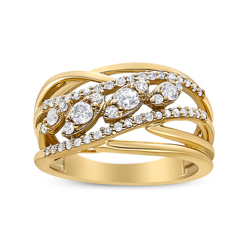 Bids.com 10K Yellow Gold 1/2 Cttw Round-Cut Multi Row Diamond Split Shank Cocktail Ring (H-I Color, SI2-I1 Clarity) - Size 7 Rings