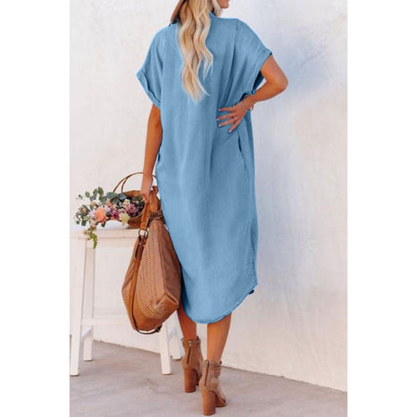 Slit Button Up Short Sleeve Denim Dress