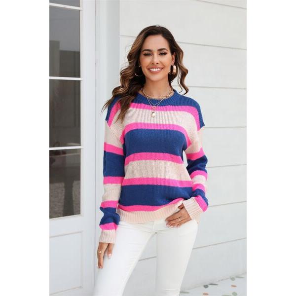 Color Block Round Neck Dropped Shoulder Sweater