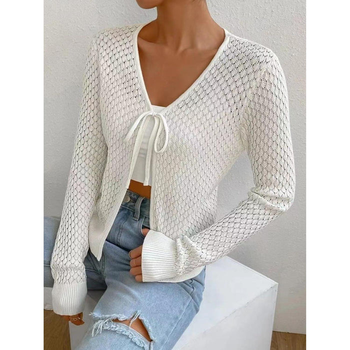 Tied Openwork V-Neck Long Sleeve Cardigan