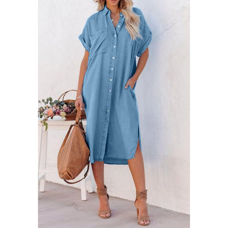 Slit Button Up Short Sleeve Denim Dress