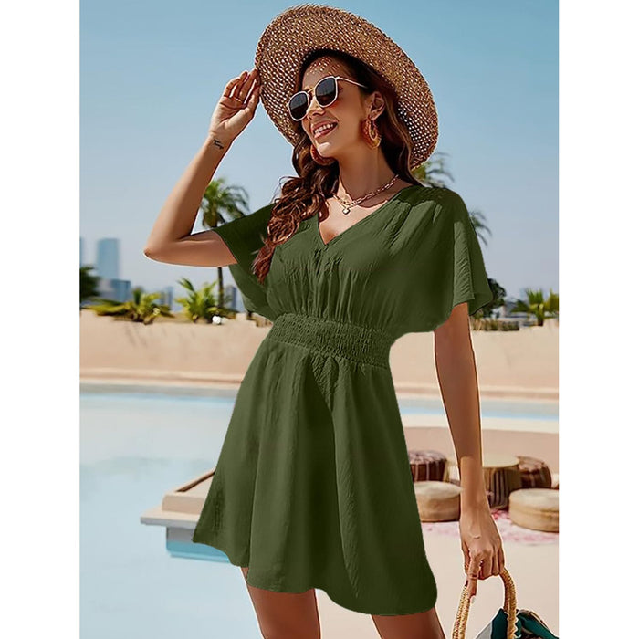 Smocked V-Neck Short Sleeve Dress