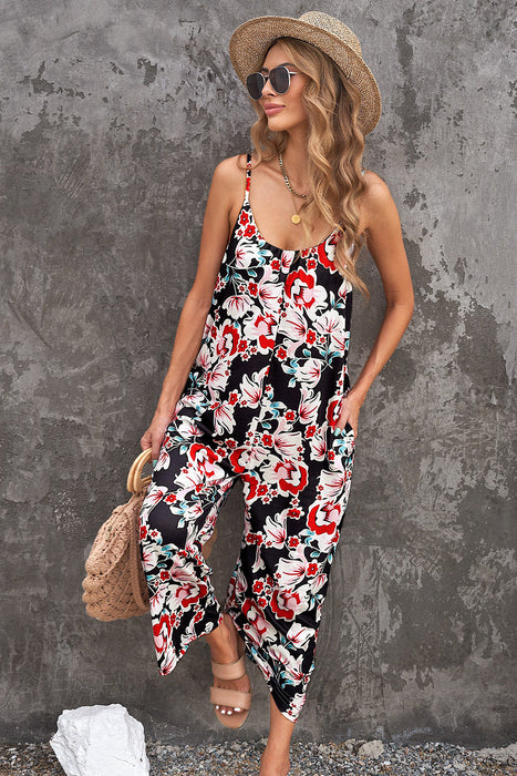 Botanical Print Spaghetti Strap Cropped Jumpsuit