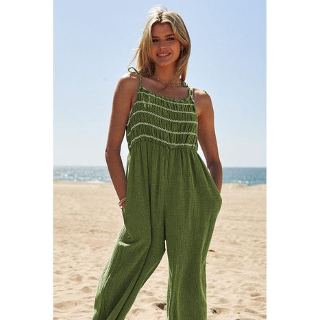 Washed Multi Smocked Detail Tie Straps Jumpsuit