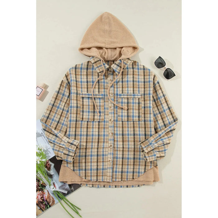 Drawstring Plaid Button Up Hooded Shacket