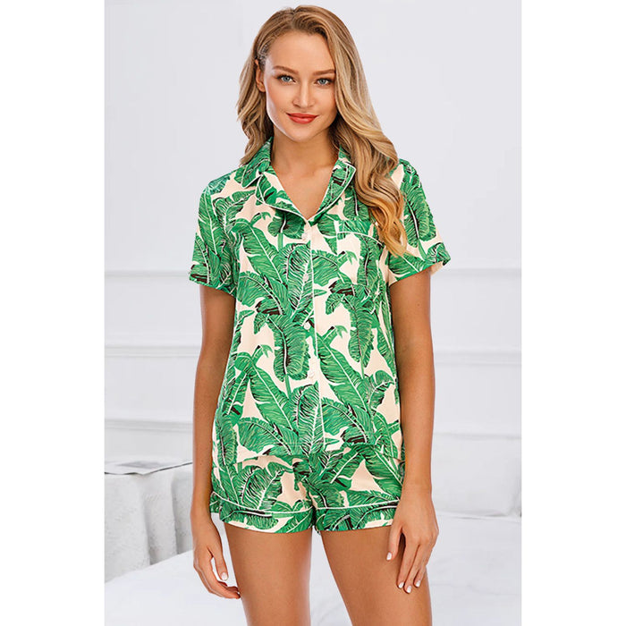 Printed Button Up Short Sleeve Top and Shorts Lounge Set