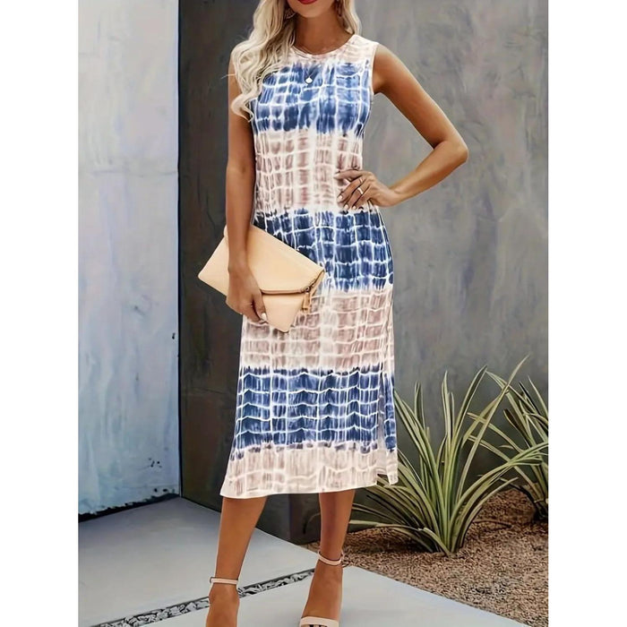 Slit Printed Round Neck Sleeveless Dress