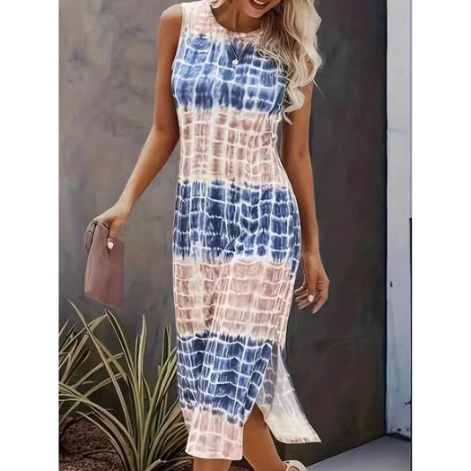 Slit Printed Round Neck Sleeveless Dress