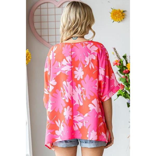 First Love Slit Printed Round Neck Half Sleeve Blouse