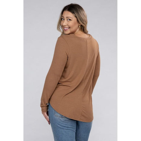 Plus Long Sleeve Round Neck Round Hem Top