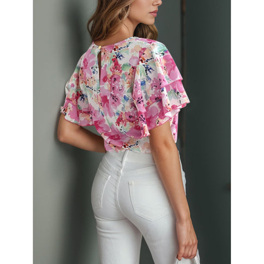 Floral Round Neck Flutter Sleeve Blouse