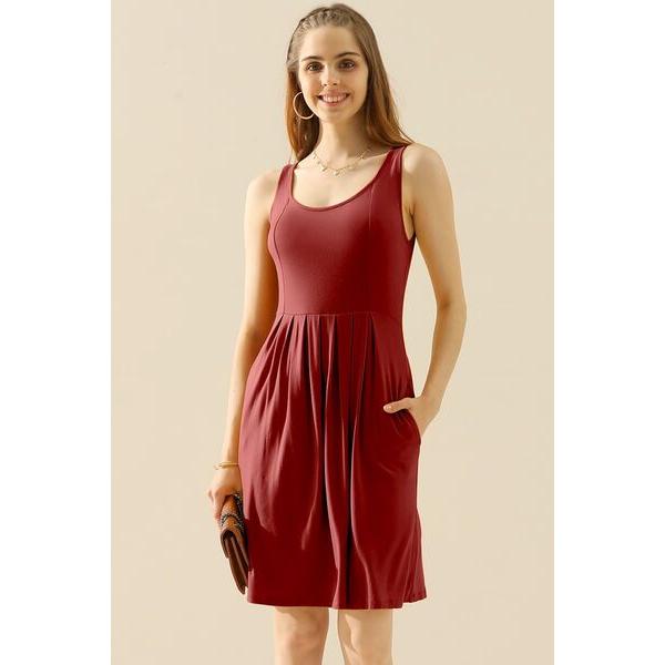 Doublju Round Neck Ruched Sleeveless Dress with Pockets