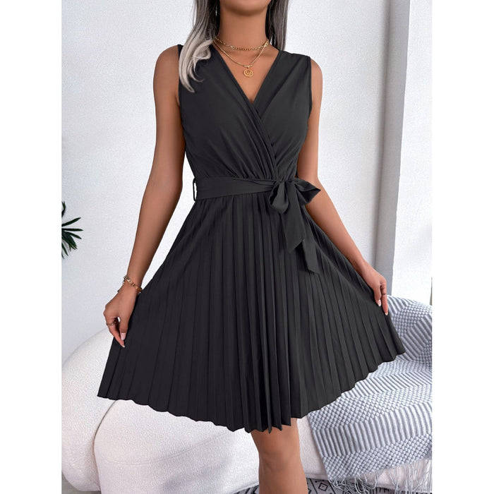 Tied Surplice Sleeveless Pleated Dress