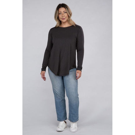 Plus Long Sleeve Round Neck Round Hem Top