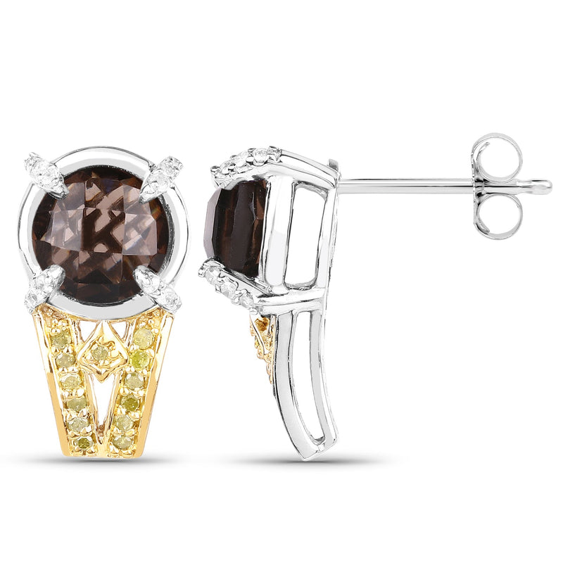 Bids.com 3.75 Carat Genuine Smoky Quartz, Yellow Diamond and White Diamond .925 Sterling Silver Earrings Earrings