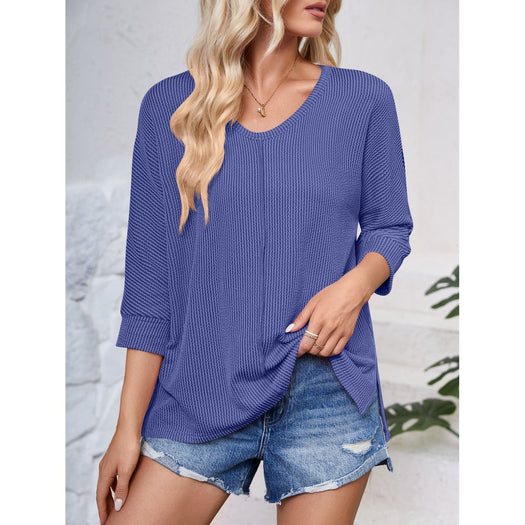 Textured Round Neck Three-Quarter Sleeve Blouse