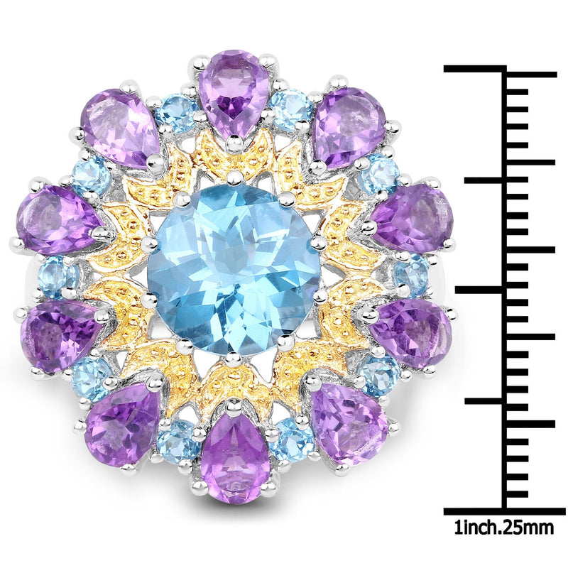 Bids.com 8.86 Carat Genuine London Blue Topaz and Amethyst .925 Sterling Silver Ring Rings