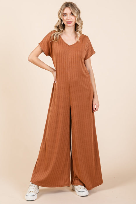 BOMBOM Ribbed Short Sleeve Wide Leg Jumpsuit