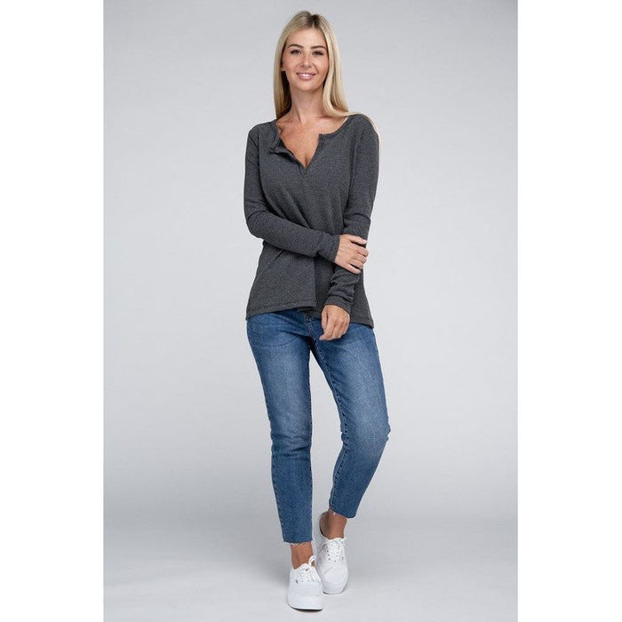 Melange Baby Waffle V-Neck Long Sleeve Top