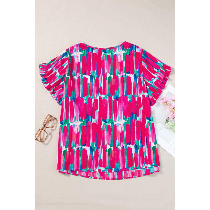 Plus Size Printed Round Neck Petal Sleeve Blouse