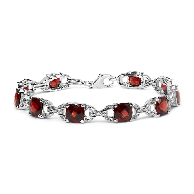 Bids.com .925 Sterling Silver 7x7mm Checkered Cushion Red Garnet and Diamond Accent Fashion Tennis Link Bracelet (I-J Color, I1-I2 Clarity) - Size 7" Inch Bracelets