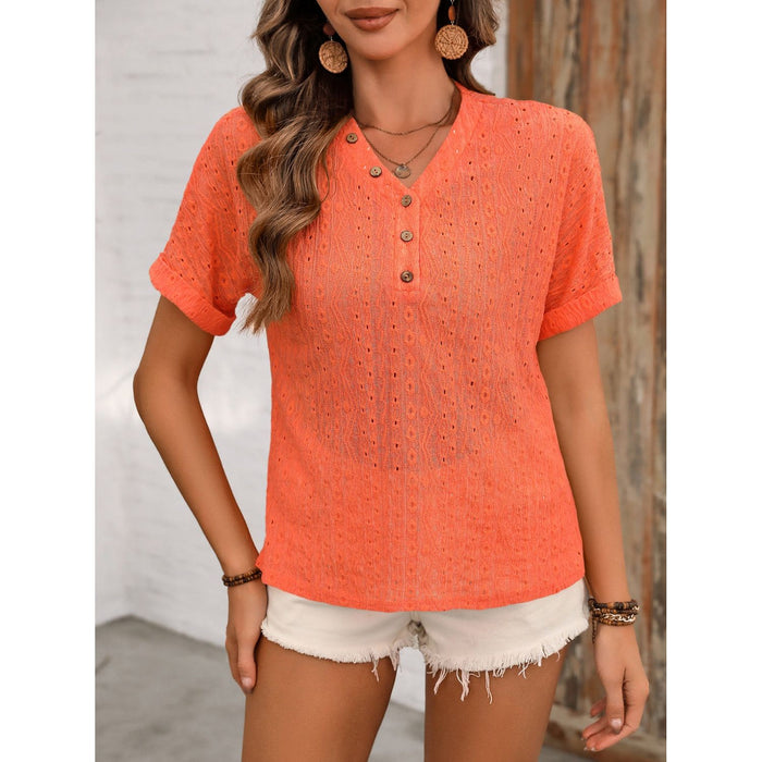 Eyelet V-Neck Short Sleeve Top