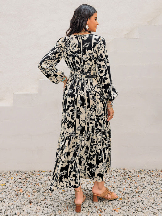 Printed Tie Neck Long Sleeve Dress