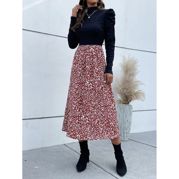 Printed Mock Neck Puff Sleeve Midi Dress