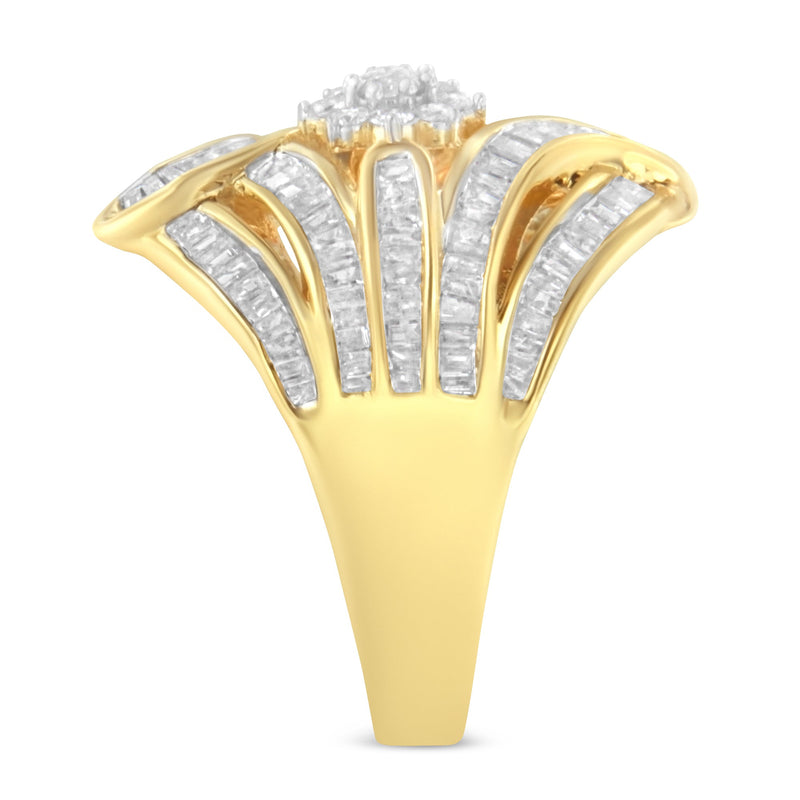 Bids.com 10K Yellow Gold Flashed .925 Sterling Silver 1-1/8 Cttw Round & Baguette Diamond 'Flower & Fern' Cluster Cocktail Fashion Ring (I-J Color, I2-I3 Clarity) - Size 6 Rings