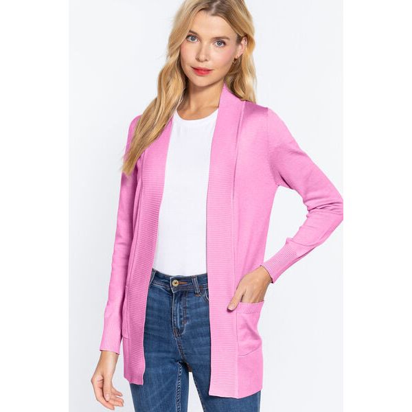 ACTIVE BASIC Ribbed Trim Open Front Cardigan