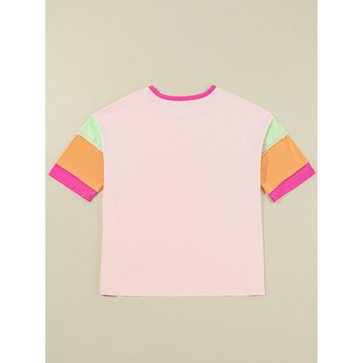 Letter Graphic Color Block Round Neck Half Sleeve T-Shirt