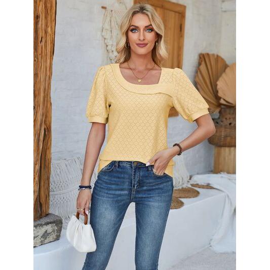 Eyelet Asymmetrical Neck Short Sleeve T-Shirt