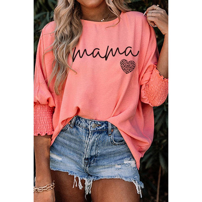 Mama Round Neck Lantern Sleeve Blouse