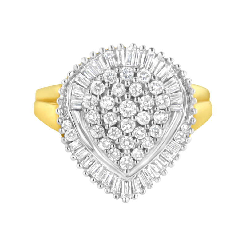 Bids.com 10K Yellow Gold 1.0 Cttw Round and Baguette Cut Diamond Oval Shaped Cluster Ring (I-J Color, I1-I2 Clarity) - Size 7 Rings