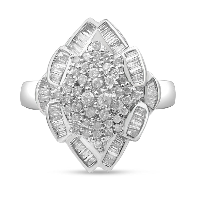 Bids.com 14K White Gold 7/8 Cttw Round and Baguette-Cut Diamond Cluster Ring (H-I Color, SI2-I1 Clarity) - Size 7 Rings