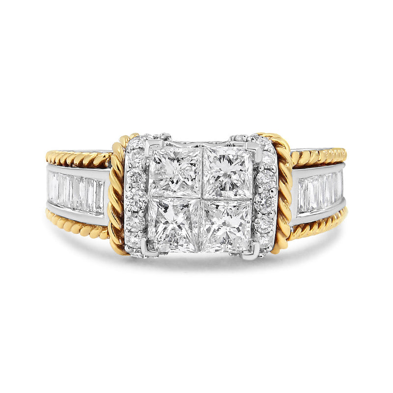 Bids.com 14K White and Yellow Gold 1 1/2 Cttw Invisible Set Princess-Cut Diamond Quad Style Engagement Ring (H-I Color, SI2-I1 Clarity) - Ring Size 7 Rings