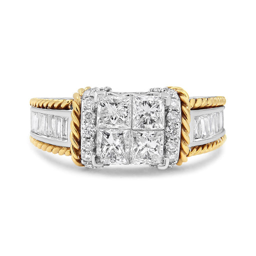 Bids.com 14K White and Yellow Gold 1 1/2 Cttw Invisible Set Princess-Cut Diamond Quad Style Engagement Ring (H-I Color, SI2-I1 Clarity) - Ring Size 7 Rings