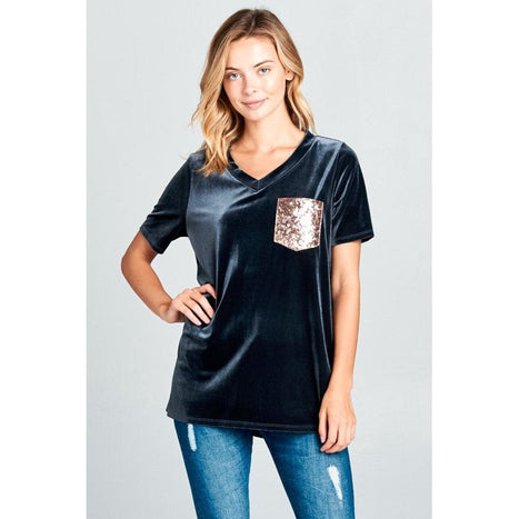 VELVET SEQUINCE POCKET BOXY TOP