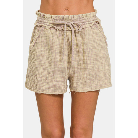 Zenana Washed Frayed Hem Drawstring Shorts