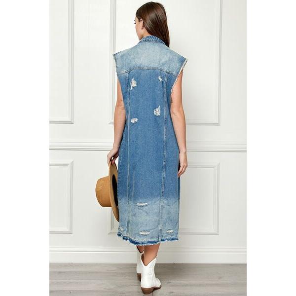 Distressed Sleeveless Longline Denim Jacket in Medium Blue Wash