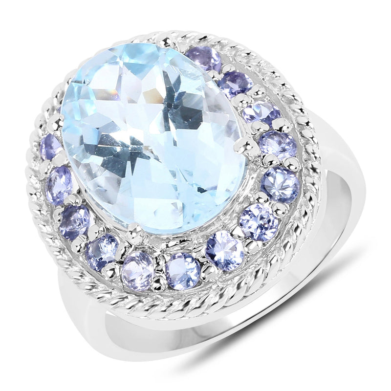 Bids.com 7.41 Carat Genuine Blue Topaz and Tanzanite .925 Sterling Silver Ring Rings