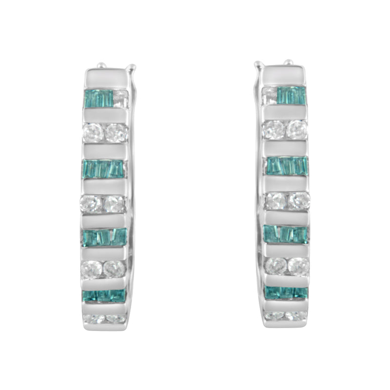 Bids.com 10k White Gold Round and Blue Baguette 1/2 cttw Diamond Hoop Earrings (I-J Color, I2-I3 Clarity) Earrings