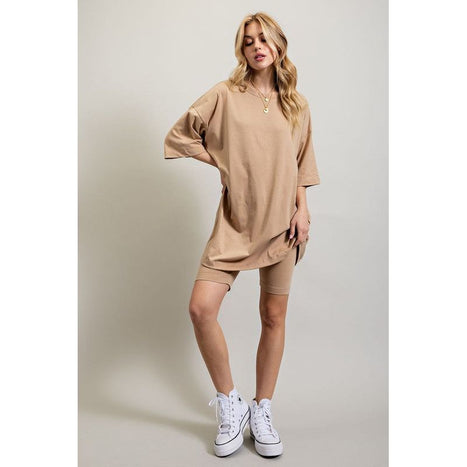 Knit Oversize Tee Shirt An Shorts Casual Biker Set